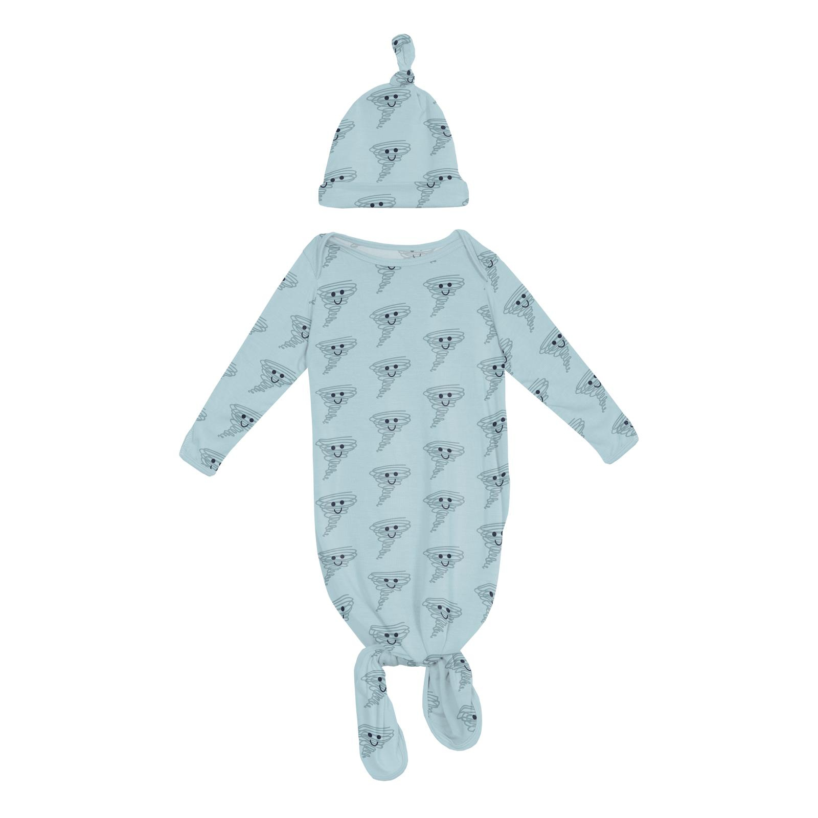 Kickee Pants Print Knotted Layette Gown & Hat Set Spring Sky Happy Tornado