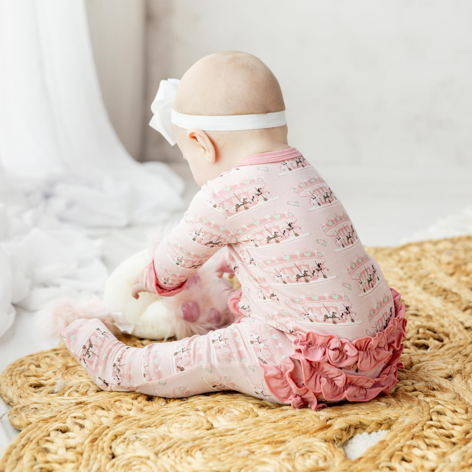 Kickee Pants Print Layette Ruffle Footie with 2 Way Zipper Baby Rose Fair Carousel