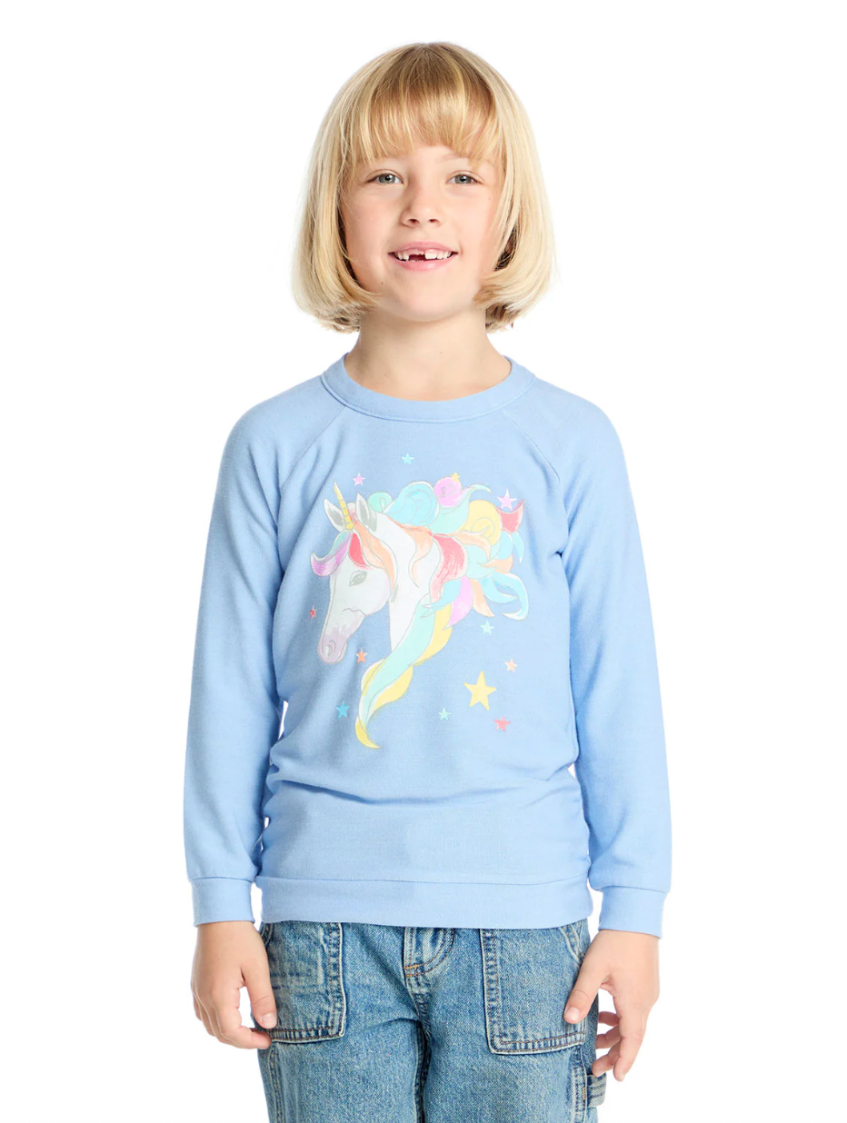 Chaser Painterly Unicorn Cozy Knit Basic Pullover Blue Hydrangea
