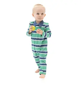 Angel Dear Polo Romper Green & Navy Rugby Stripe