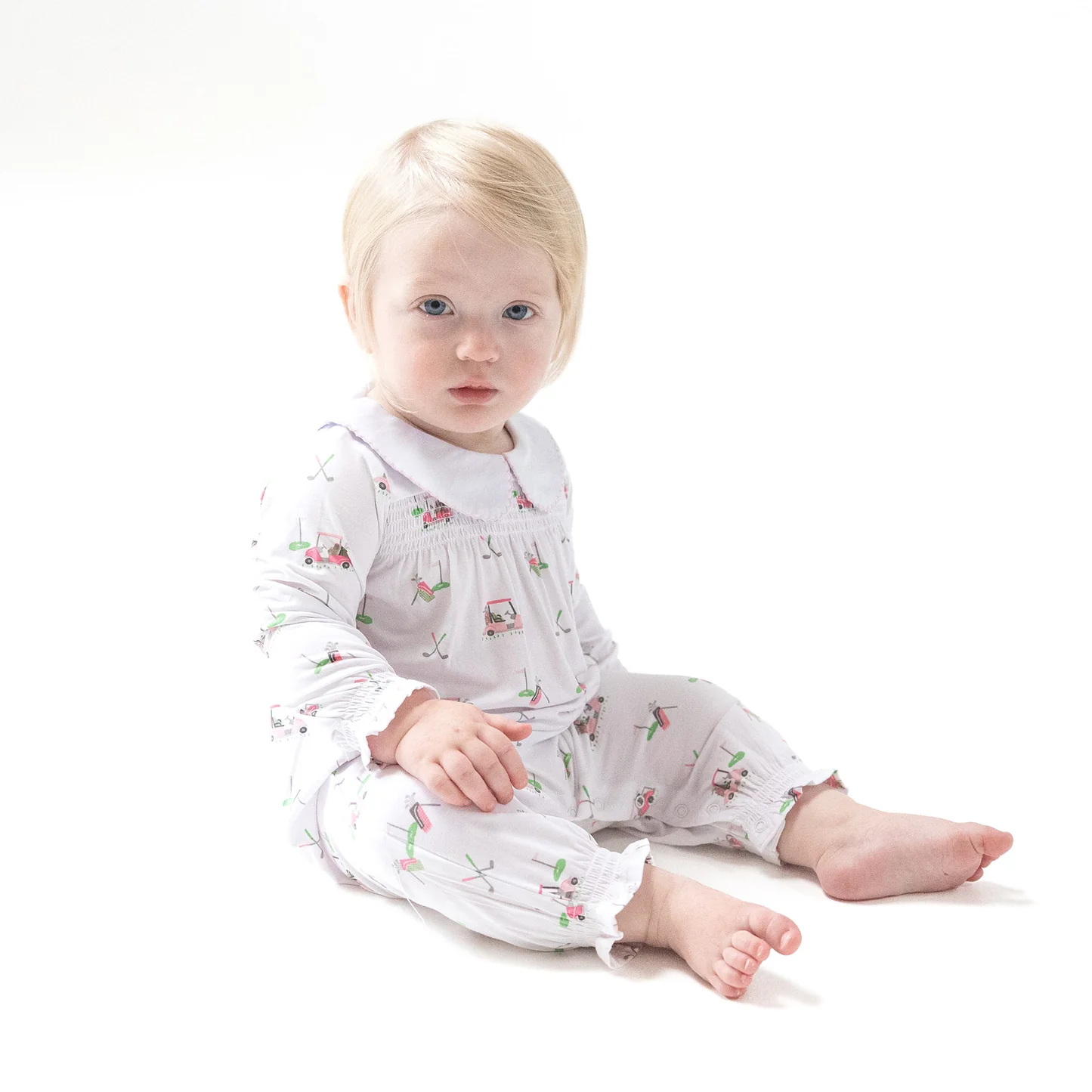 Angel Dear Smocked L/S Romper w/ Peter Pan Collar Pink Baby Golf Carts