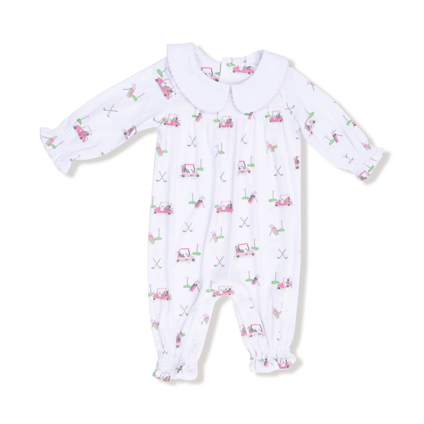 Angel Dear Smocked L/S Romper w/ Peter Pan Collar Pink Baby Golf Carts