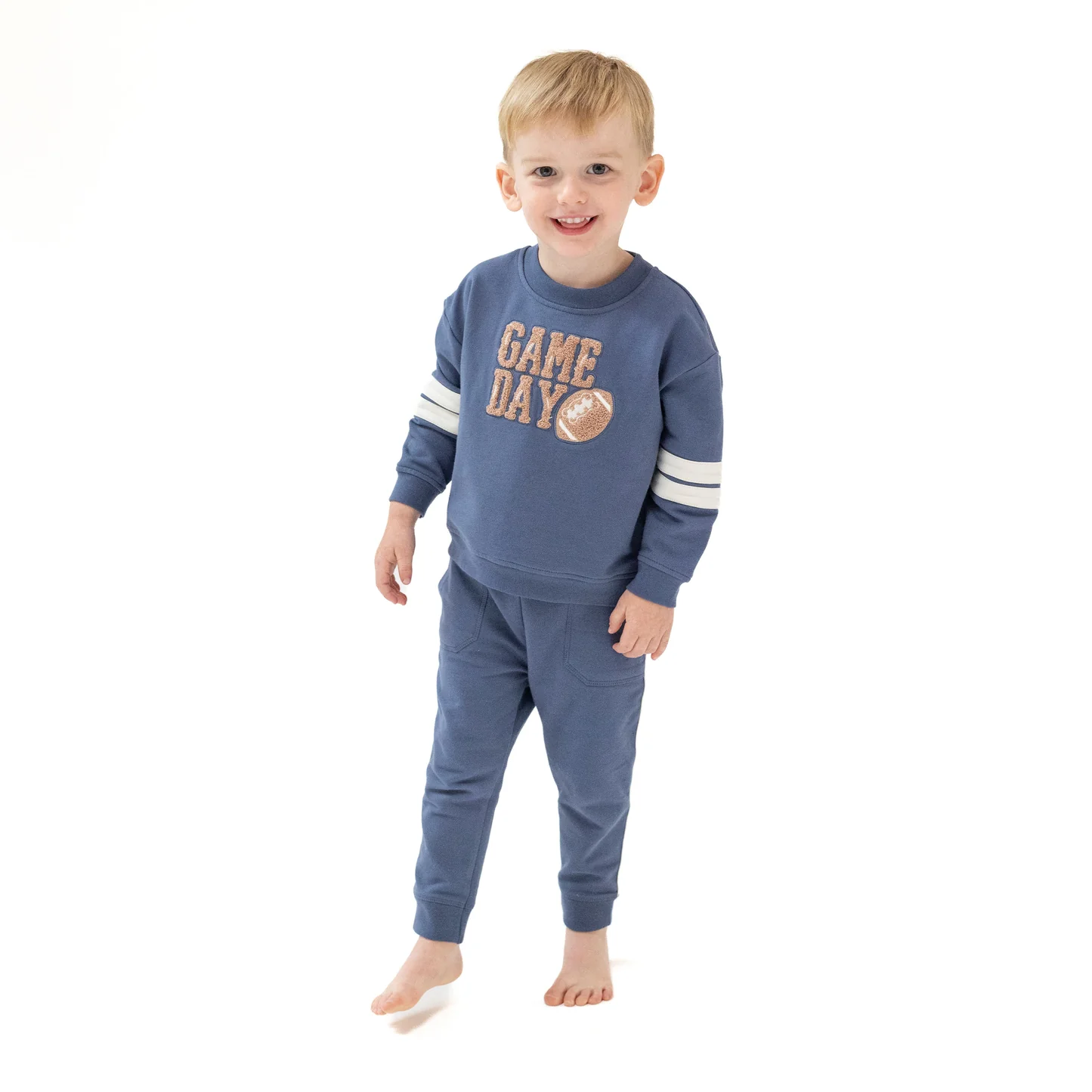 Angel Dear Cozy Drop Sleeve Sweatshirt with Varsity Stripes Varsity Vintage Indigo