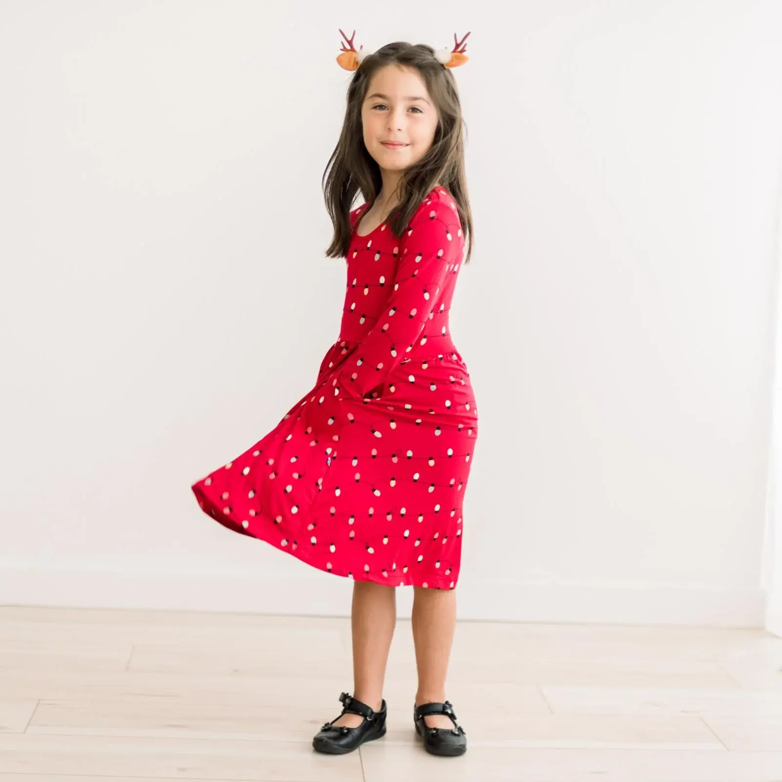 Kickee Pants Print Long Sleeve Twirl Dress with Pockets - Crimson Holiday Lights