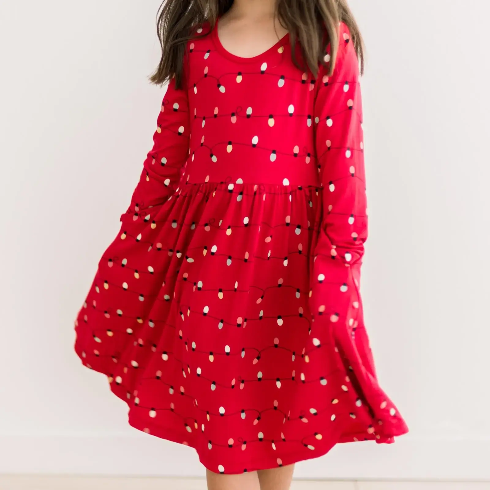 Kickee Pants Print Long Sleeve Twirl Dress with Pockets - Crimson Holiday Lights