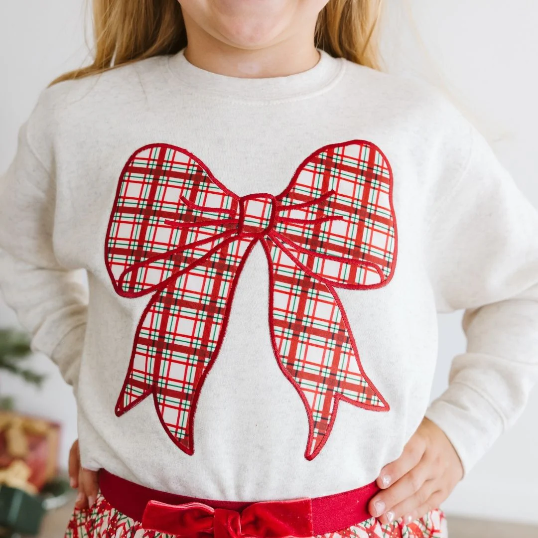 Sweet Wink Christmas Plaid Bow Patch Sweatshirt Natural