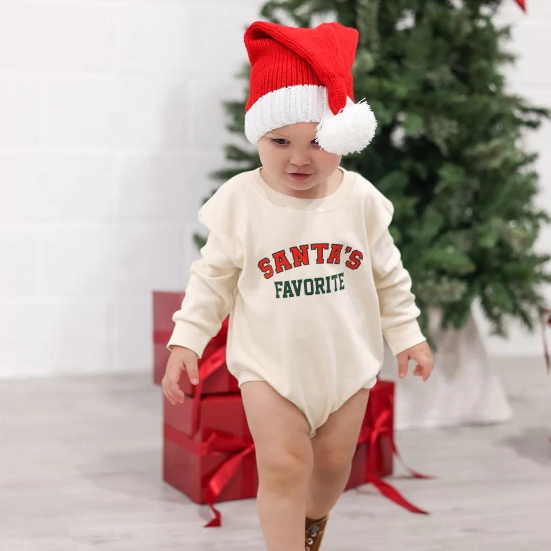 Sweet Wink Santa's Favorite Christmas Long Sleeve Romper Natural