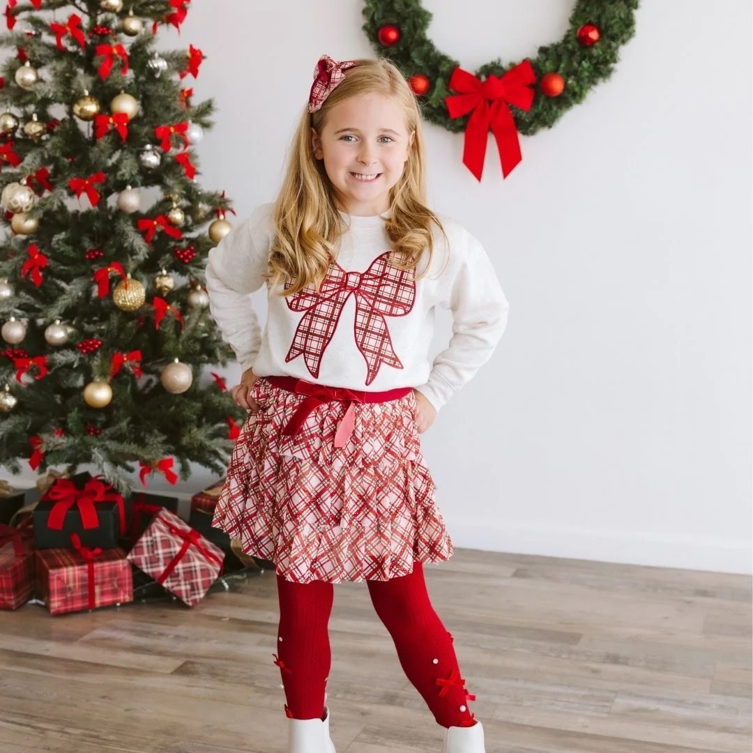 Sweet Wink Christmas Plaid Bow Patch Sweatshirt