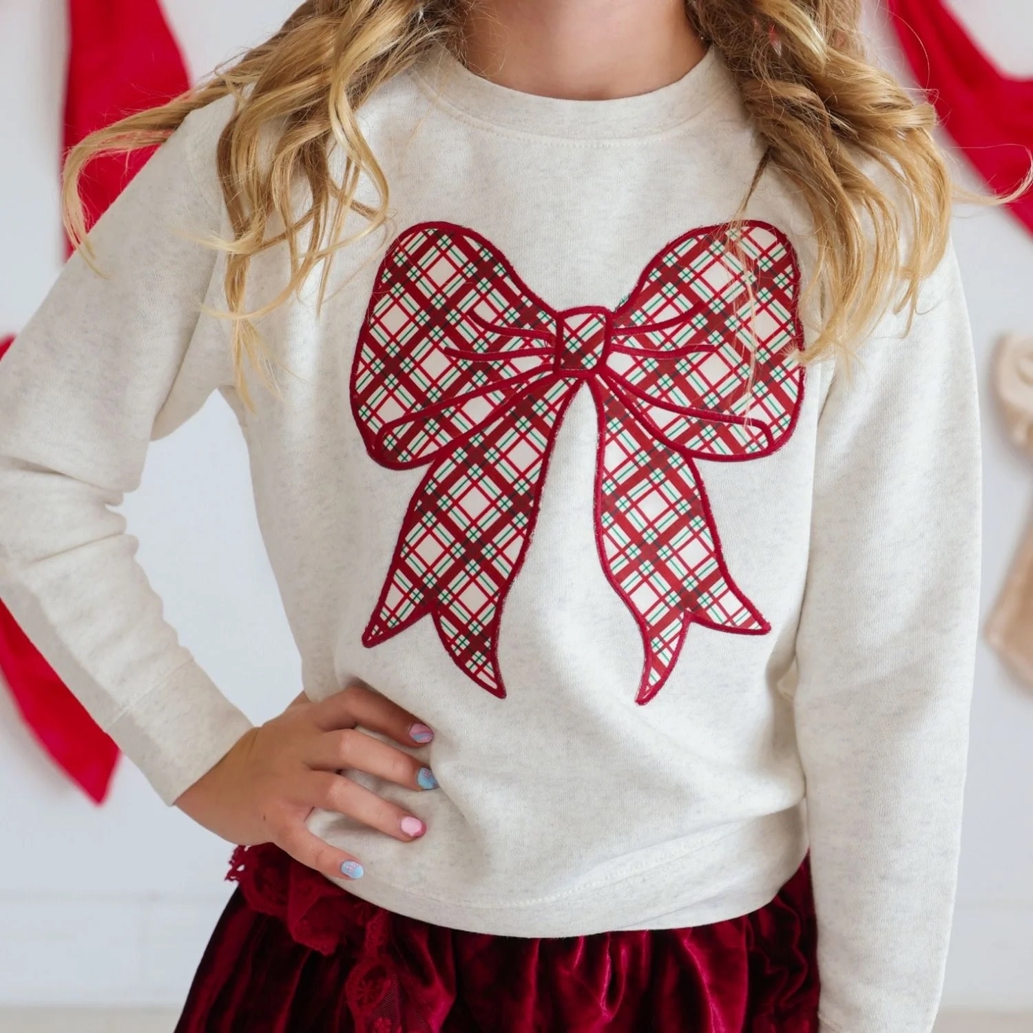 Sweet Wink Christmas Plaid Bow Patch Sweatshirt