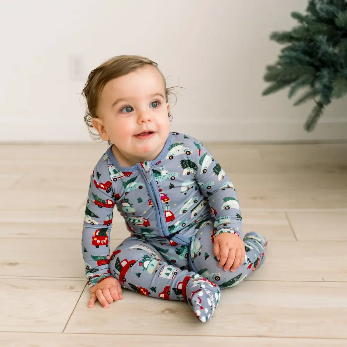 Kickee Pants Print Footie with 2 Way Zipper - Moonlight Christmas Cars and Trucks