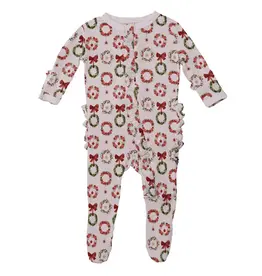 Kickee Pants Print Layette Ruffle Footie with 2 Way Zipper - Shrinking Violet Wreath