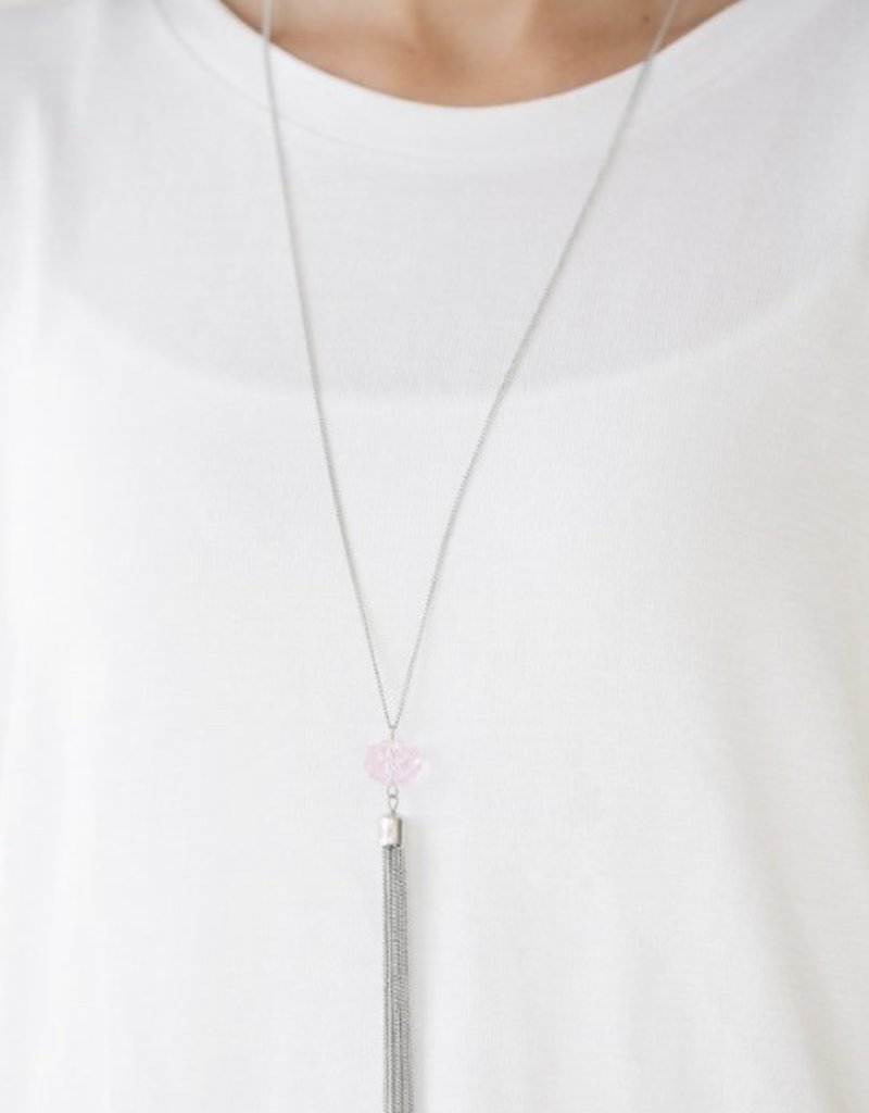 Pink Crystal Silver Tassle necklace and earring set