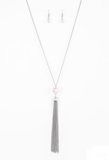 Pink Crystal Silver Tassle necklace and earring set