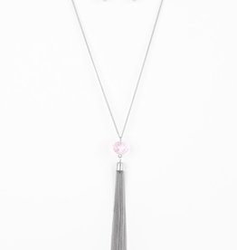 Pink Crystal Silver Tassle necklace and earring set