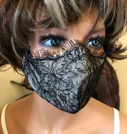 Handmade mask - V shape w. adjustable straps - black eyelash lace and muslin