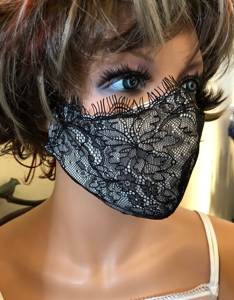 Handmade mask - V shape w. adjustable straps - black eyelash lace and muslin