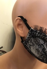 Handmade mask - V shape w. adjustable straps - black eyelash lace and muslin