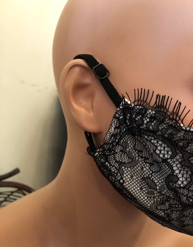 Handmade mask - V shape w. adjustable straps - black eyelash lace and muslin