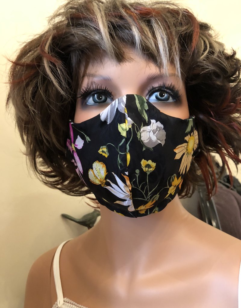 Handmade Mask w/ adjustable straps and nose piece - Black Floral Print over black muslin