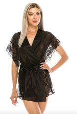Short Lace Sleeve Black Satin Robe -