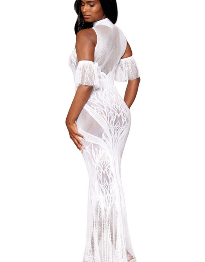 DreamGirl White Halter Body stocking dress with separate ruffle sleevelettes O/S  0490