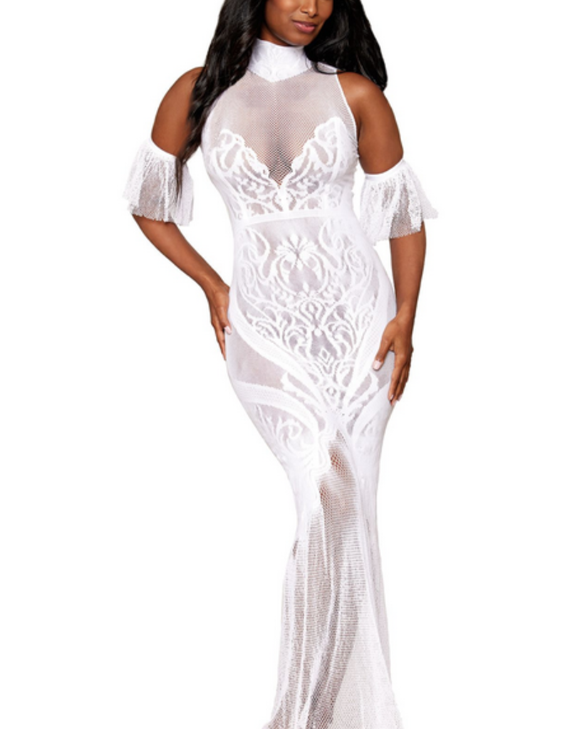 DreamGirl White Halter Body stocking dress with separate ruffle sleevelettes O/S  0490
