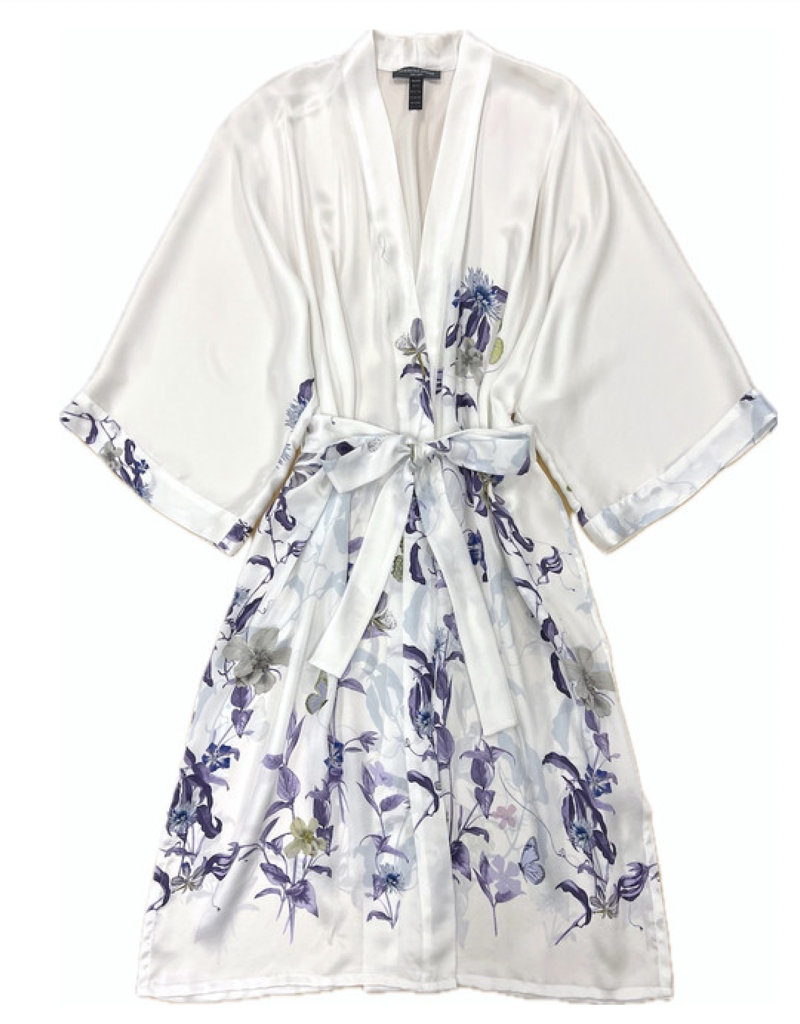Samantha Chang Silk Kimono Mid-Length White Spring Blossoms O/S