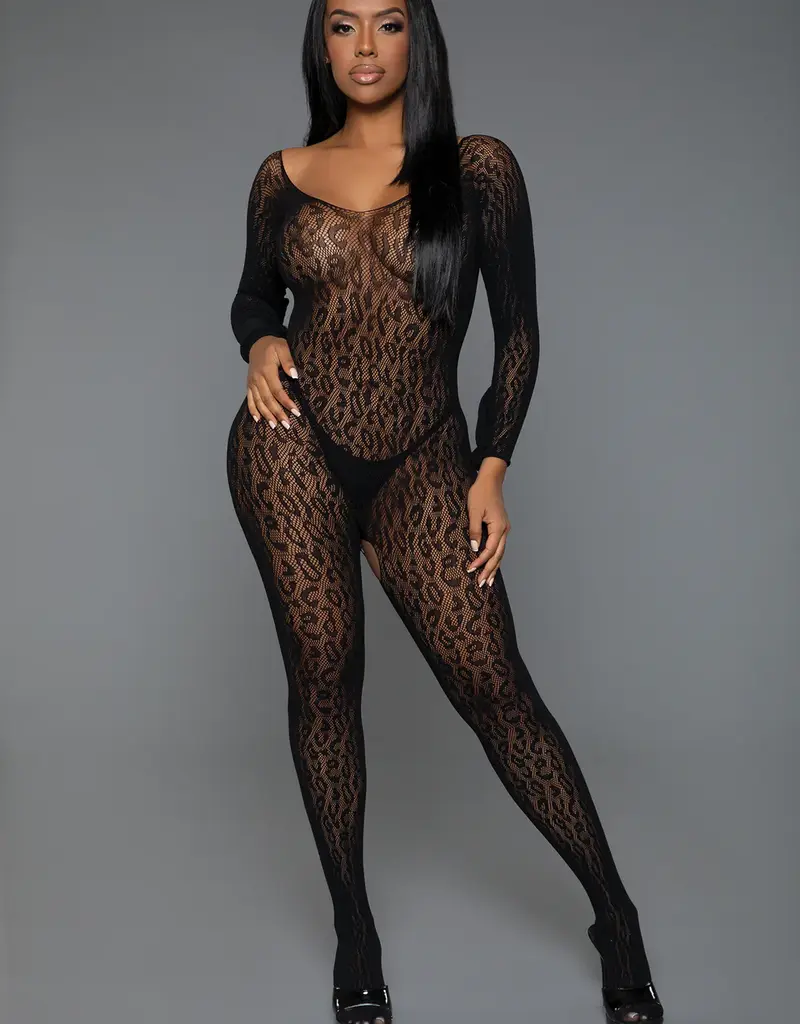 Leopard Lace LS Catsuit Bodystocking - Be Wicked O/S Blk