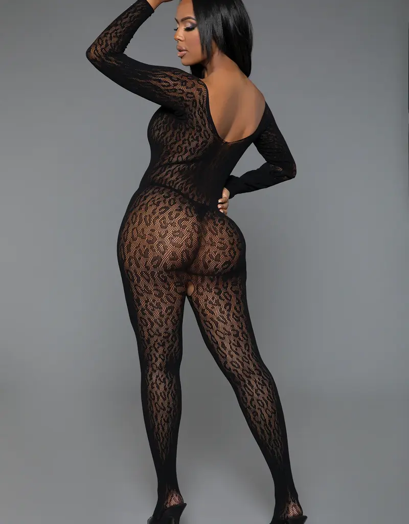 Leopard Lace LS Catsuit Bodystocking - Be Wicked O/S Blk