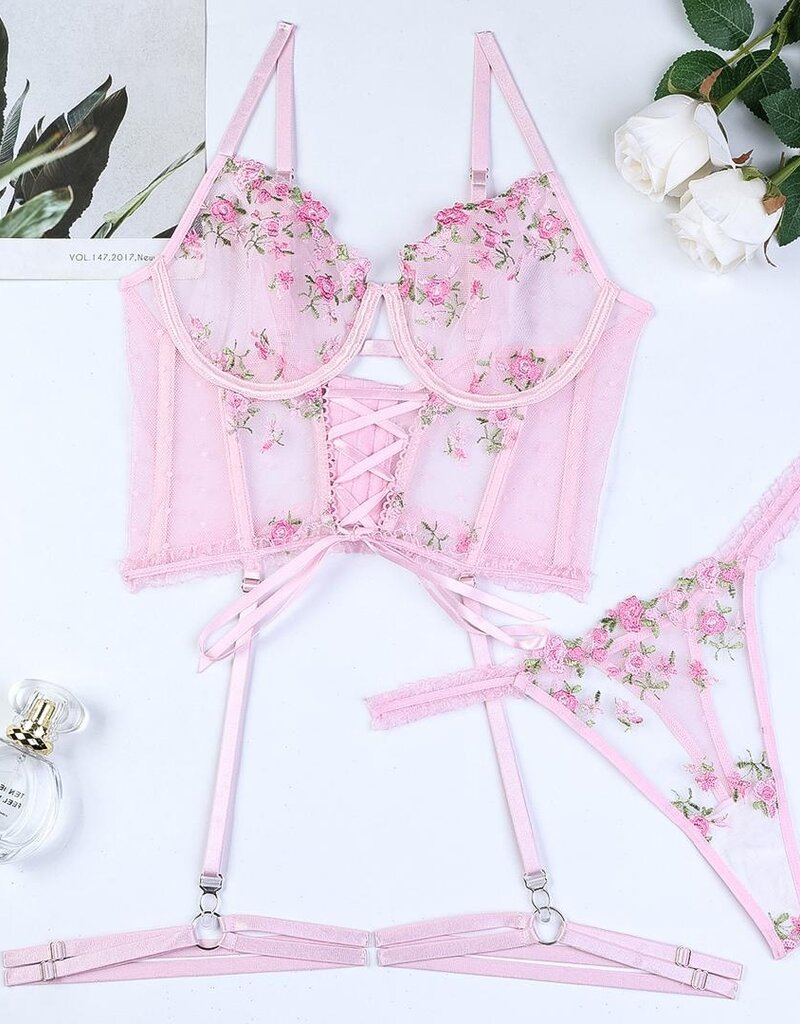 Lingerie By Coco Rose Garden Embroiderd Lace 3 Pc Set - Coco
