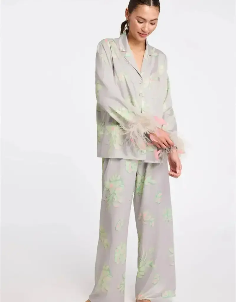 Rya Collection Sophia Printed Satin PJ set w Feathers - Rya