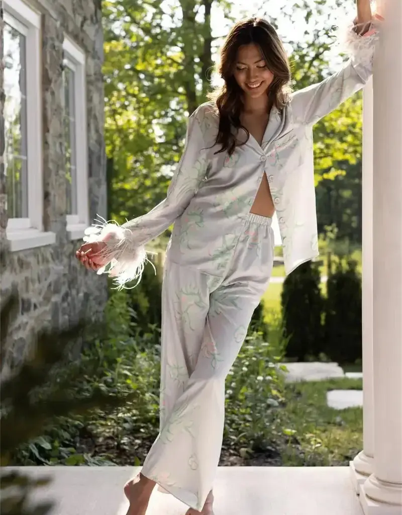 Rya Collection Sophia Printed Satin PJ set w Feathers - Rya
