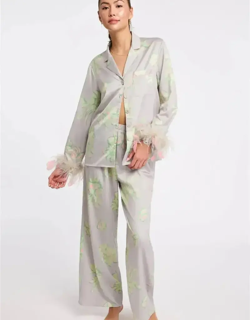 Rya Collection Sophia Printed Satin PJ set w Feathers - Rya