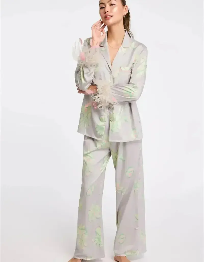 Rya Collection Sophia Printed Satin PJ set w Feathers - Rya