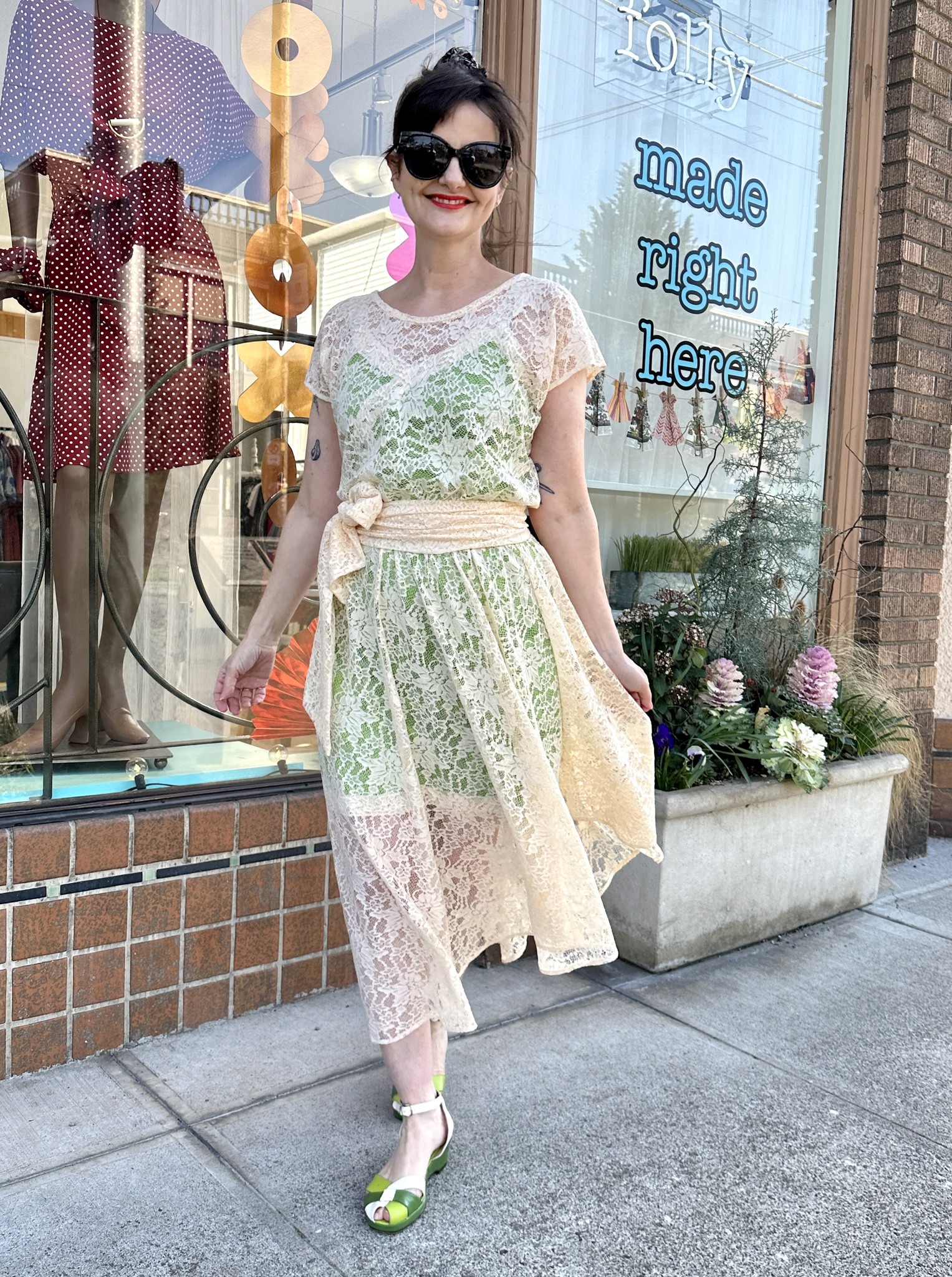 袖丈405cmHerlipto Belted Asymmetric Lace Dress