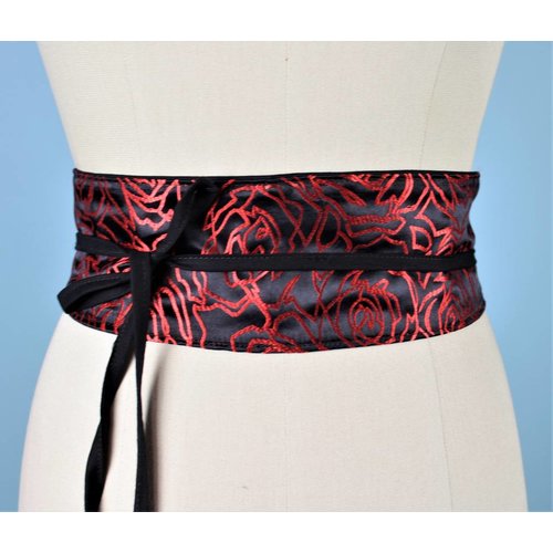 Sarah Bibb Obi Belt- Black w Red Rose Sarah Bibb Obi Belt- Black w Red Rose