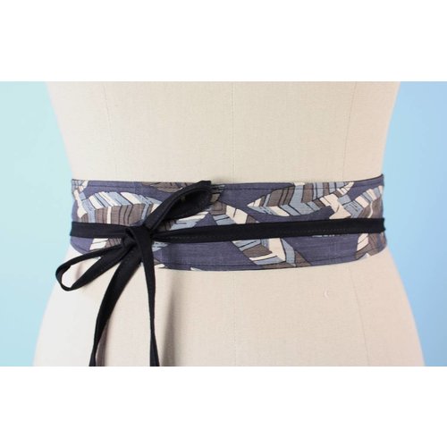 Sarah Bibb Mini Obi Belt- Grey Leaf/Blk Tie Sarah Bibb Mini Obi Belt- Grey Leaf/Blk Tie