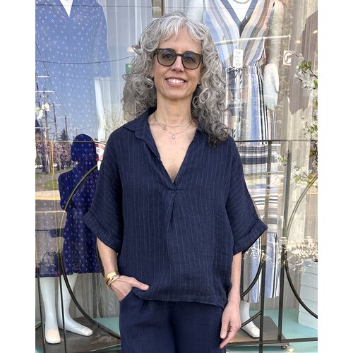 Milio Milano Hilla Blouse - Navy Pin Linen Milio Milano Hilla Blouse - Navy Pin Linen