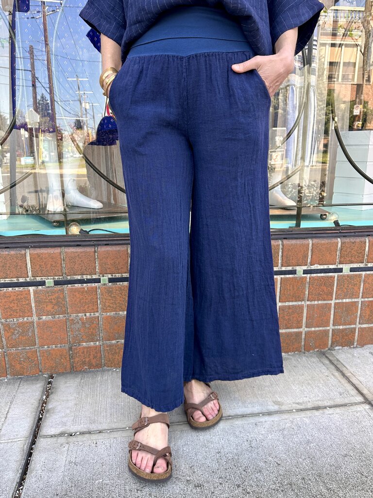 Milio Milano Fold Over Linen Pants - Navy