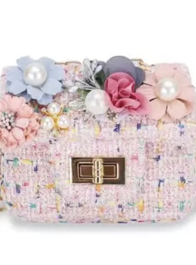 Novelty Purses Mini Tweed Pearly Florals Crossbody Pink