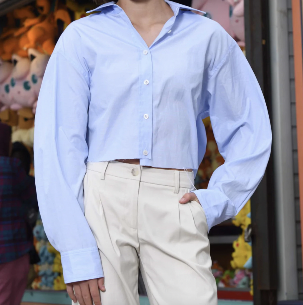 KatieJ NYC Corrine Cropped Button Down - Baby Blue