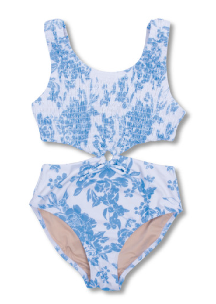 Smocked Cinched Ring Monokini Blue Bouque