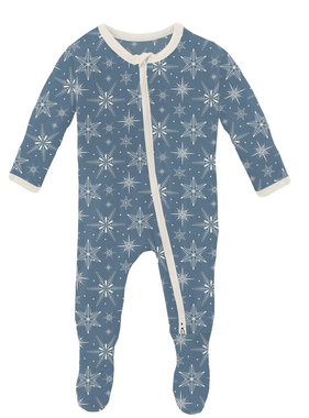 Kickee Pants Footie 2 Way Zipper Parisian Blue Snowflakes