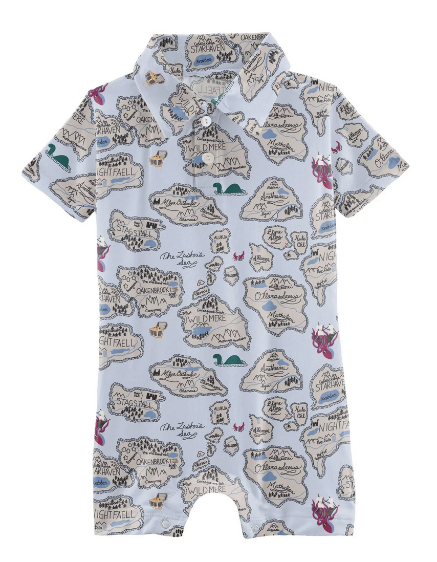Kickee Pants S/S Polo Romper-Dew Pirate Map