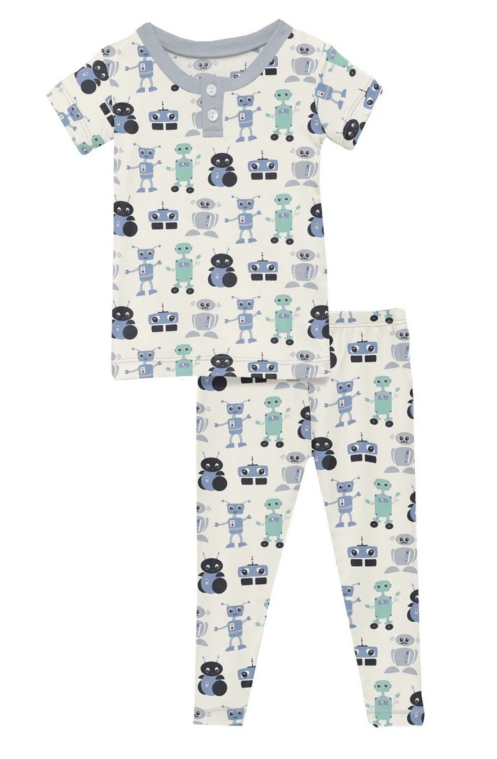 Kickee Pants S/S Henley Pajama Set-Natural Robots