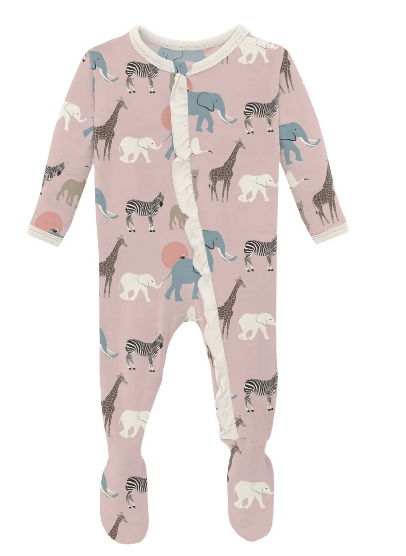 Kickee Pants Ruffle Footie 2 Way Zipper-Baby Rose Just So Animals