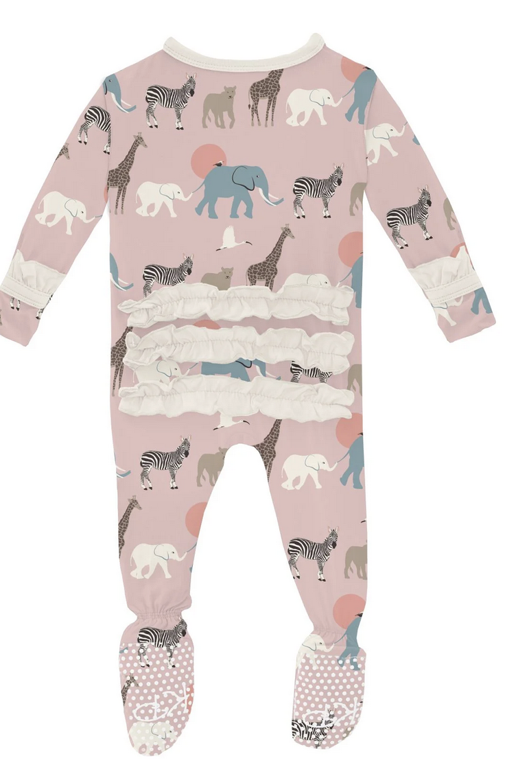 Kickee Pants Ruffle Footie 2 Way Zipper-Baby Rose Just So Animals