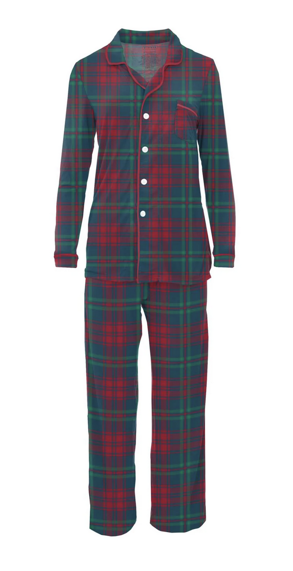 Kickee Pants Women's Print L/S Collared Pajama Set-Peacock Plaid