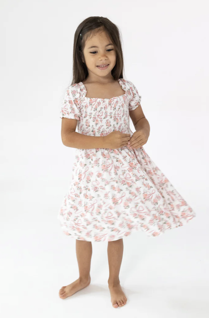 Angel Dear Ribbons and Flowers Puff Sleeve Smocked Dress
