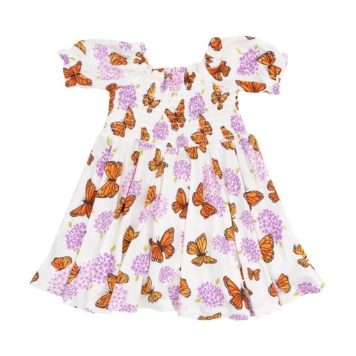 Angel Dear Monarch Butterflies And Milkweed Puff Sleeve Smocked Dress W/ Dc